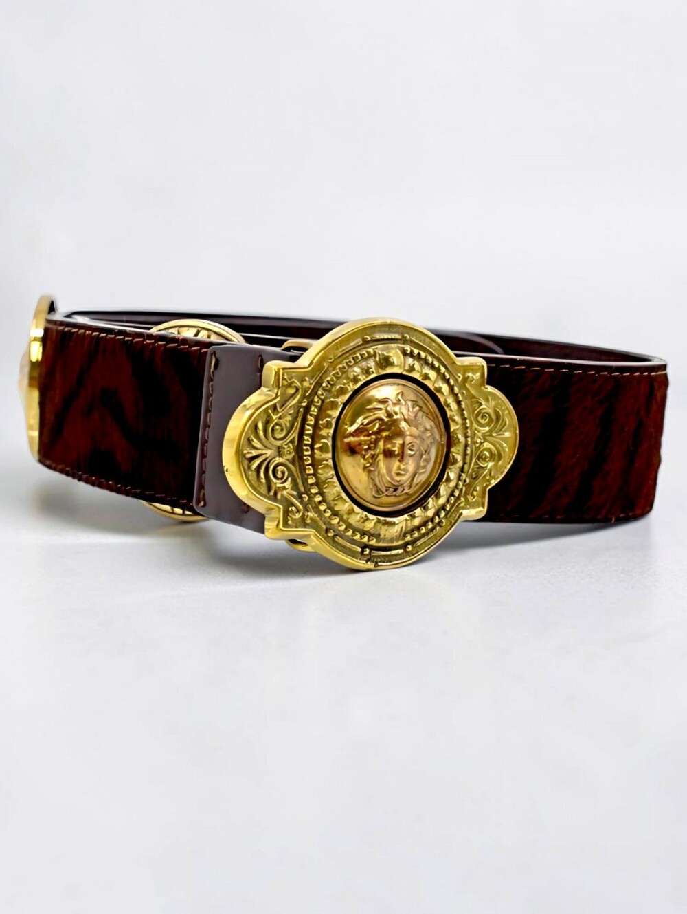 Gianni Versace Rare Medusa Calf Hair Tiger Print Belt Red Black